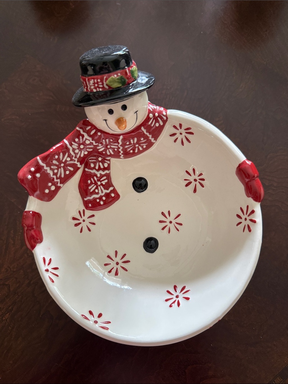 White Snowman Bowl with Red Accents